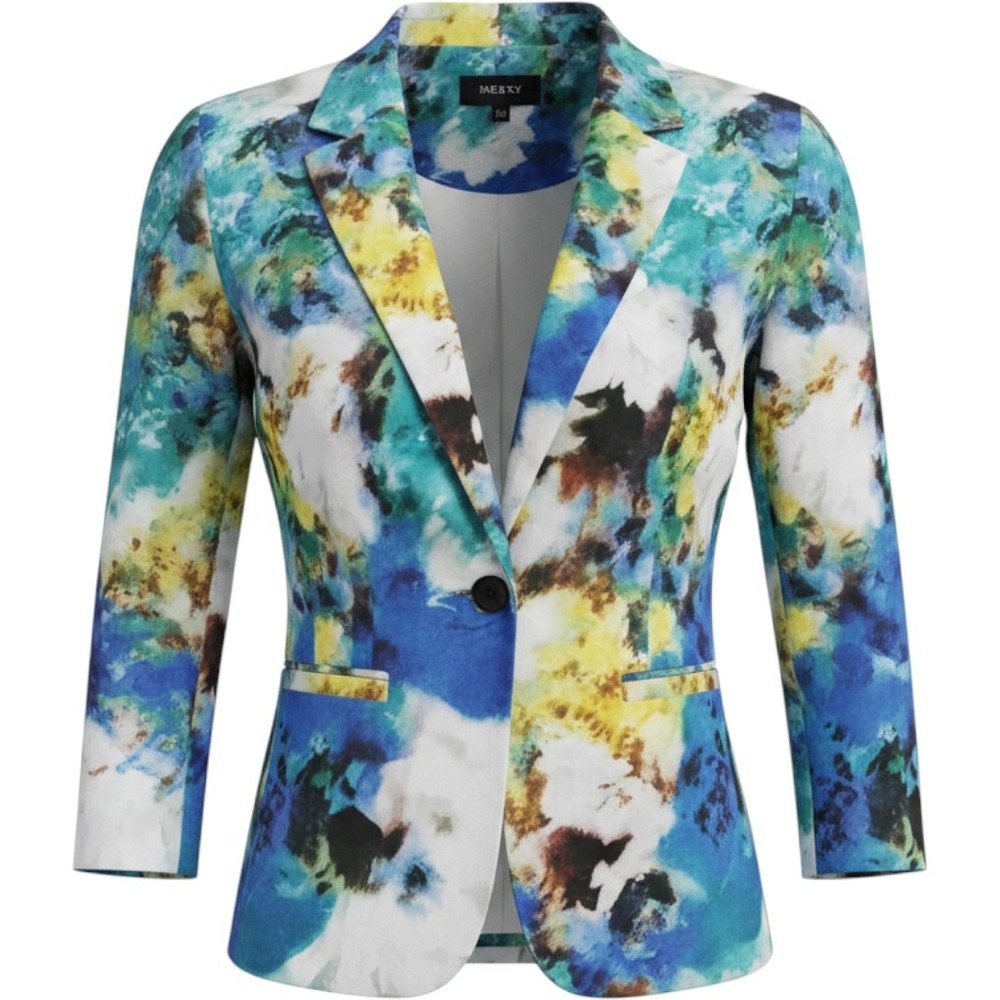 Elementz Womens Blue Green Floral Watercolor Blazer Jacket 3/4 Sleeve Size S